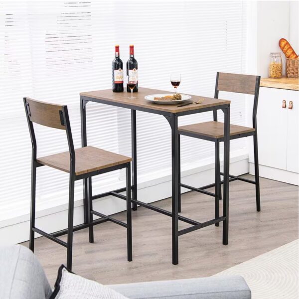 3-Piece Rectangle Brown Wood Top Bar Table Set Industrial Counter Height Dining Table Set with 2-Stools
