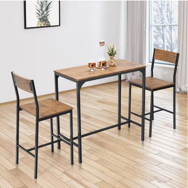 3-Piece Rectangle Brown Wood Top Bar Table Set Industrial Counter Height Dining Table Set with 2-Stools